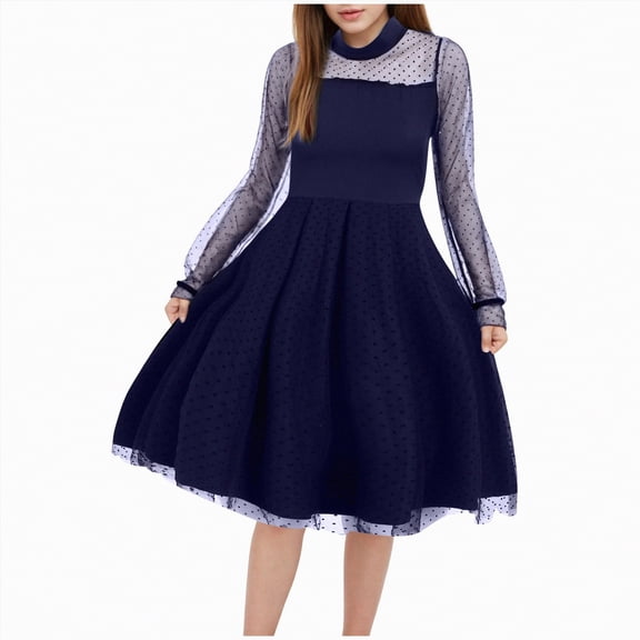 mgoYE Sequin Dress for Girls Girls Dresses Contrast Mesh Puff Long Sleeve Mock Neck Formal Party A Line Short Tulle Dress(Navy,5-6 Years)