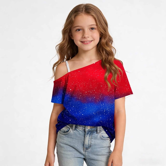 Odeerbi Niñas 4 de Julio Camiseta de Un Hombro Manga Corta Día de La Independencia Tops Gráficos