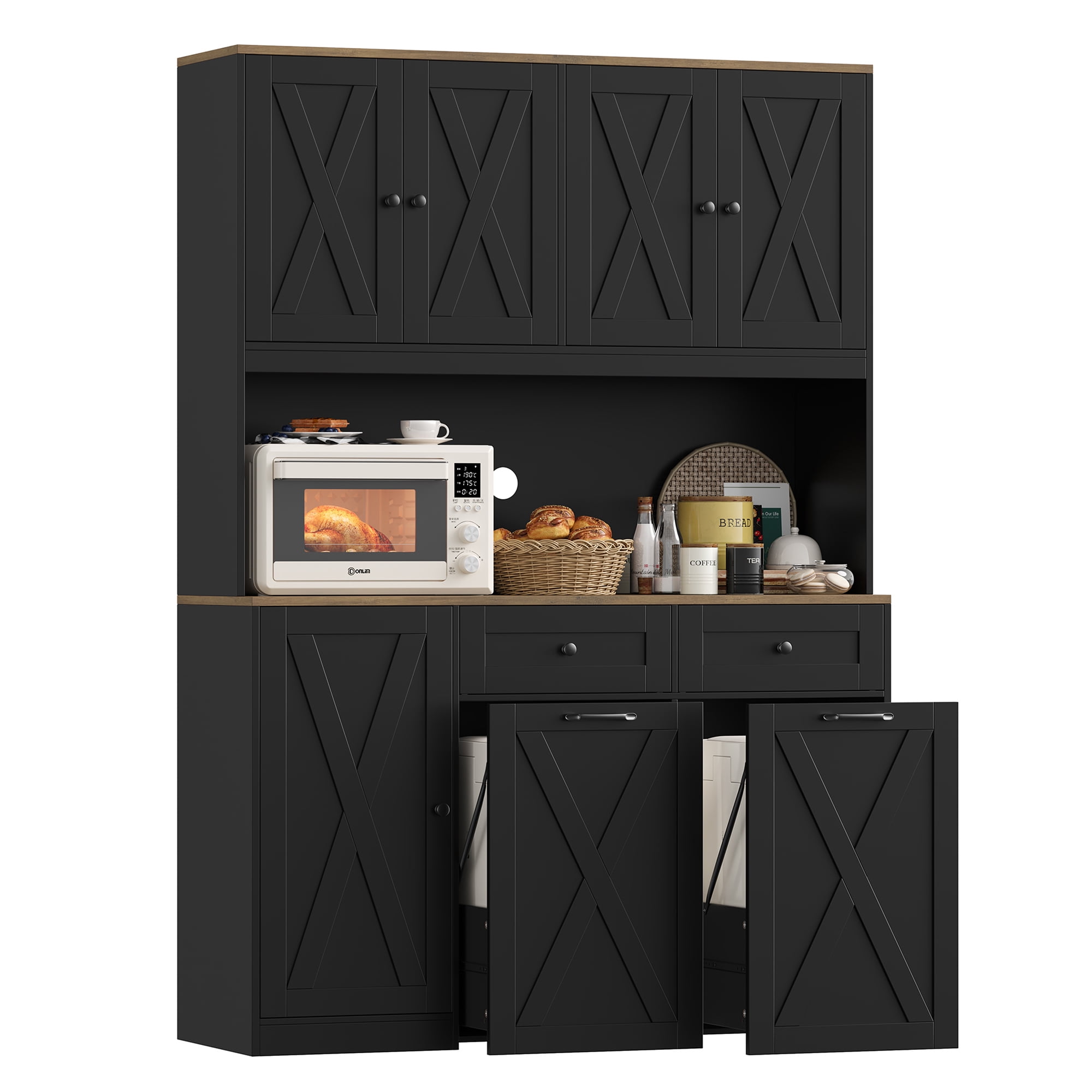 Homfa Kitchen Pantry Cabinet, Trash Can Cabinets Fits 12.5 Gallon Can, 5 Door 2 Drawer Kitchen Storage Cabinet with Hutch, Freestanding Cupboard, Black