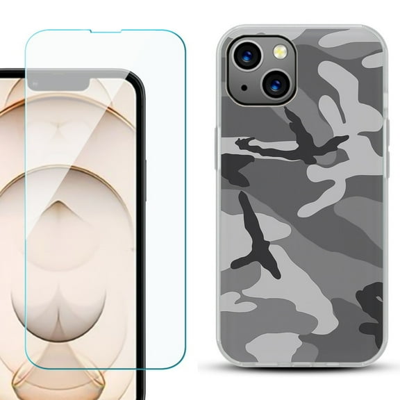 Slim-Fit Flexible TPU Gel Phone Case for iPhone 13, with Tempered Glass Screen Protector, by OneToughShield ® - Camo B/W