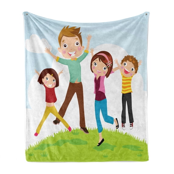 Family Soft Flannel Fleece Blanket, Family Jumping on Grass at the Park Spring Mom Dad and Kids Parenthood States Print, Cozy Plush for Indoor and Outdoor Use, 50" x 60", Multicolor, by Ambesonne