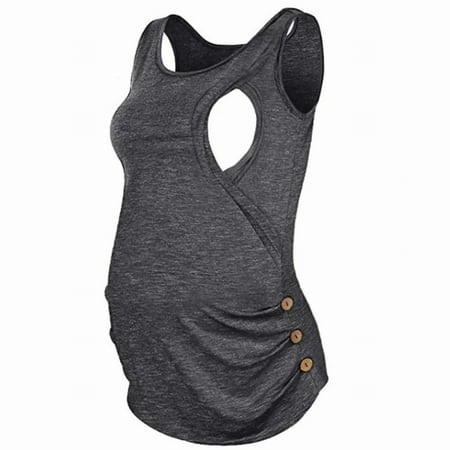 

Summer Maternity T-Shirts Tank Top Breastfeeding Moms Sleeveless Solid Color Round Neck Button For Summer Tshirts Tee Top Female Dailywear