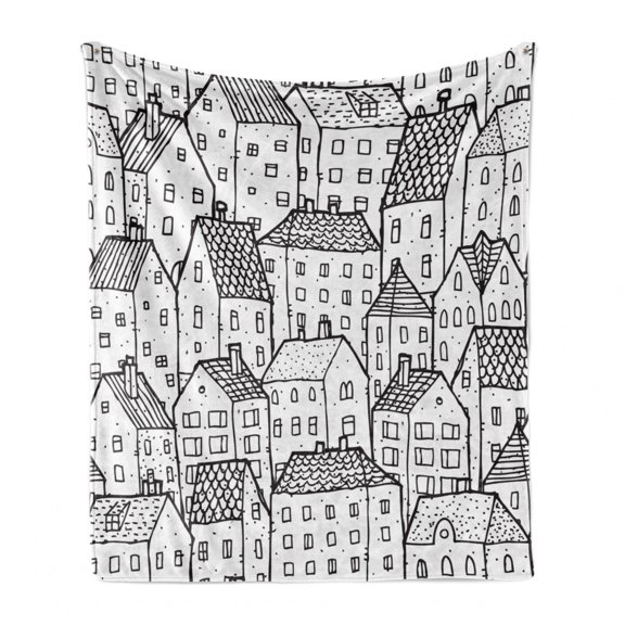 City Soft Flannel Fleece Blanket, Repetitive Monochrome Pattern of Simplistic Hand Drawn Houses in Line Art, Cozy Plush for Indoor and Outdoor Use, 50" x 70", Charcoal Grey and White, by Ambesonne
