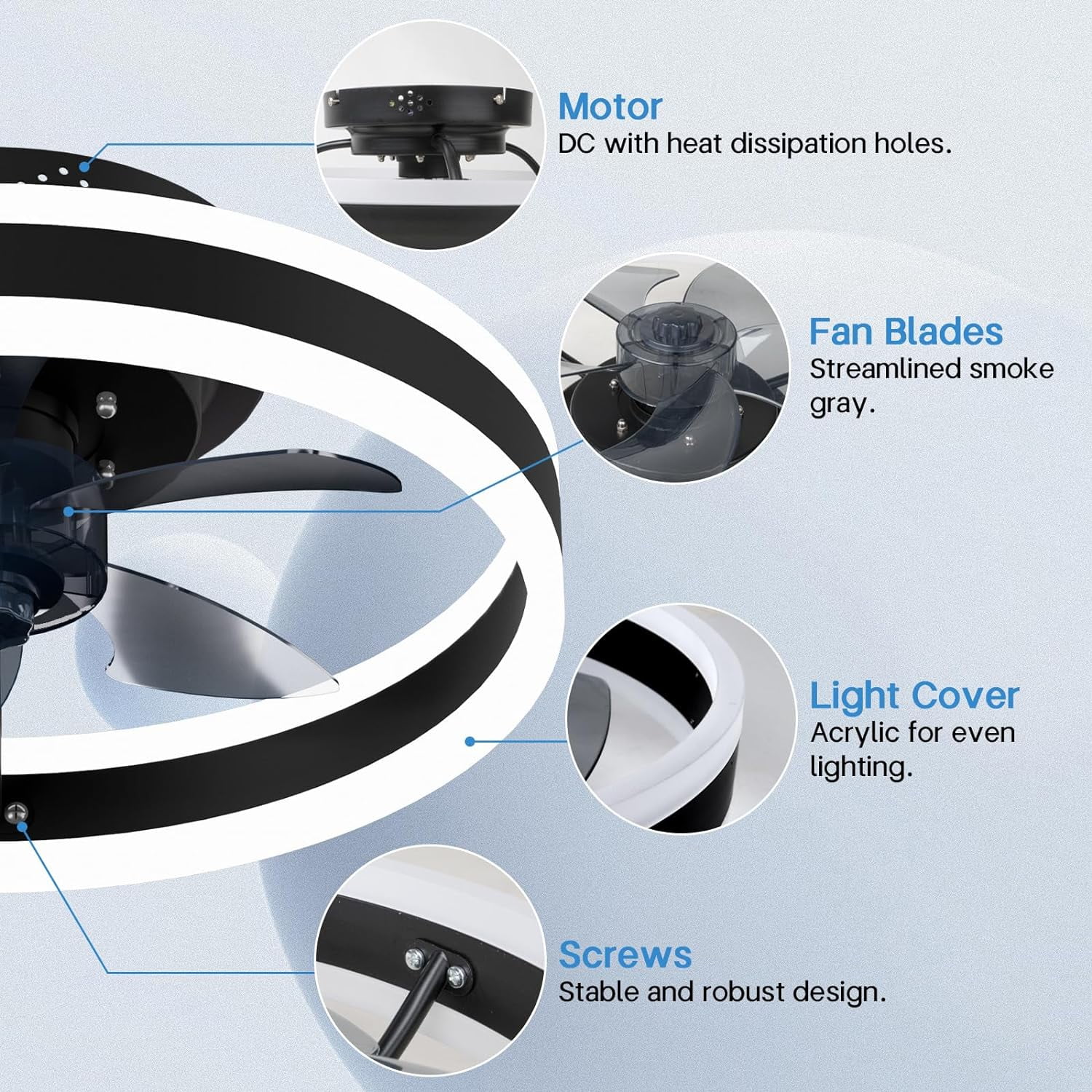 Surnie Low Profile 15.7" LED Small Ceiling Fan with Light - Modern, Semi-Enclosed Flush Mount, Smart APP & Remote Control, 6-Speeds, Black - Perfect for Bedroom and Living Room