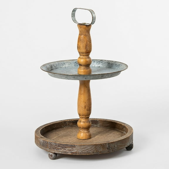 Contemporary Home Living 18.5" Brown and Silver 2-Tier Unique Wooden Round Serving Tray