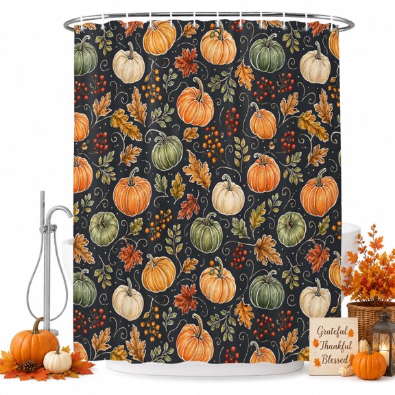 Thanksgiving Shower Curtain, Waterproof Shower Curtains for Bathroom, Fall Pumpkin Sunflower Berry Maple Leaves Washable Fabric Bathtub Curtain Set Bath Decor with 12 Hooks Extra Long 72"x96"