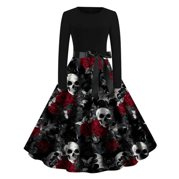 Mingw Womens Long Sleeve Halloween Graphic Dresses Funny Costume Festival Maxi Dresses