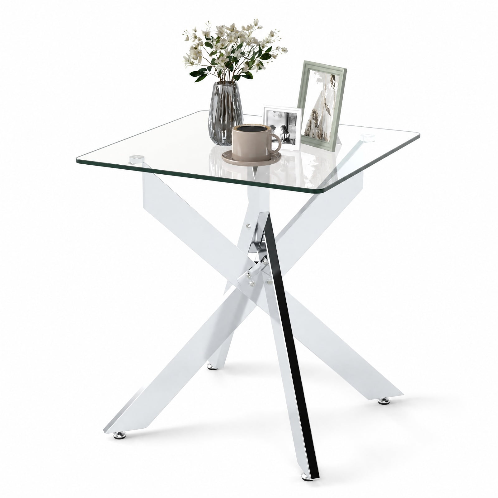 Furnibear Glass Side Table Square End Table with Tempered Glass Top and Metal X Base for Living Room Bedroom and Sofa Side, Silver