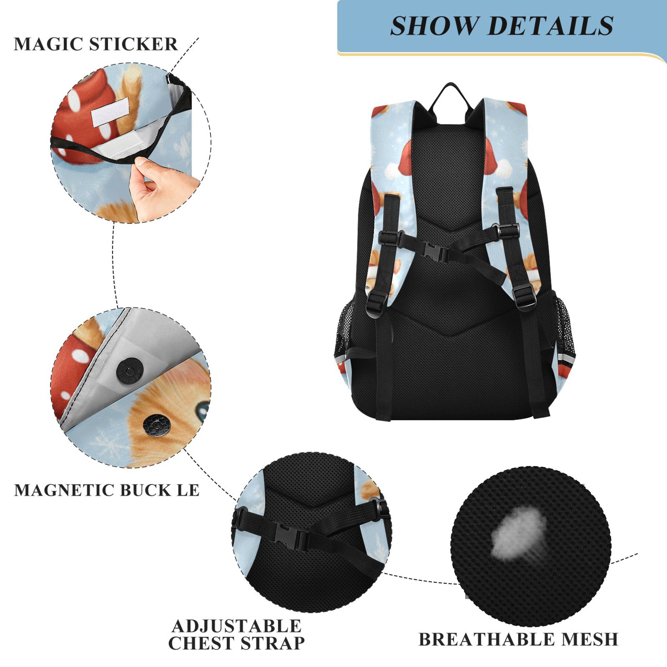 Backpack 12.9 *5.1 * 17.7 Inches Outing Backpack, Shopping Backpack, Travel Backpack Santa Hat Cat