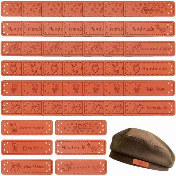 48Pcs Handmade PU Leather Labels 6 Styles Rectangle Leather Clothing Embossed Tags Crochet Knit Labels with Holes Sew on Embellishments Tags