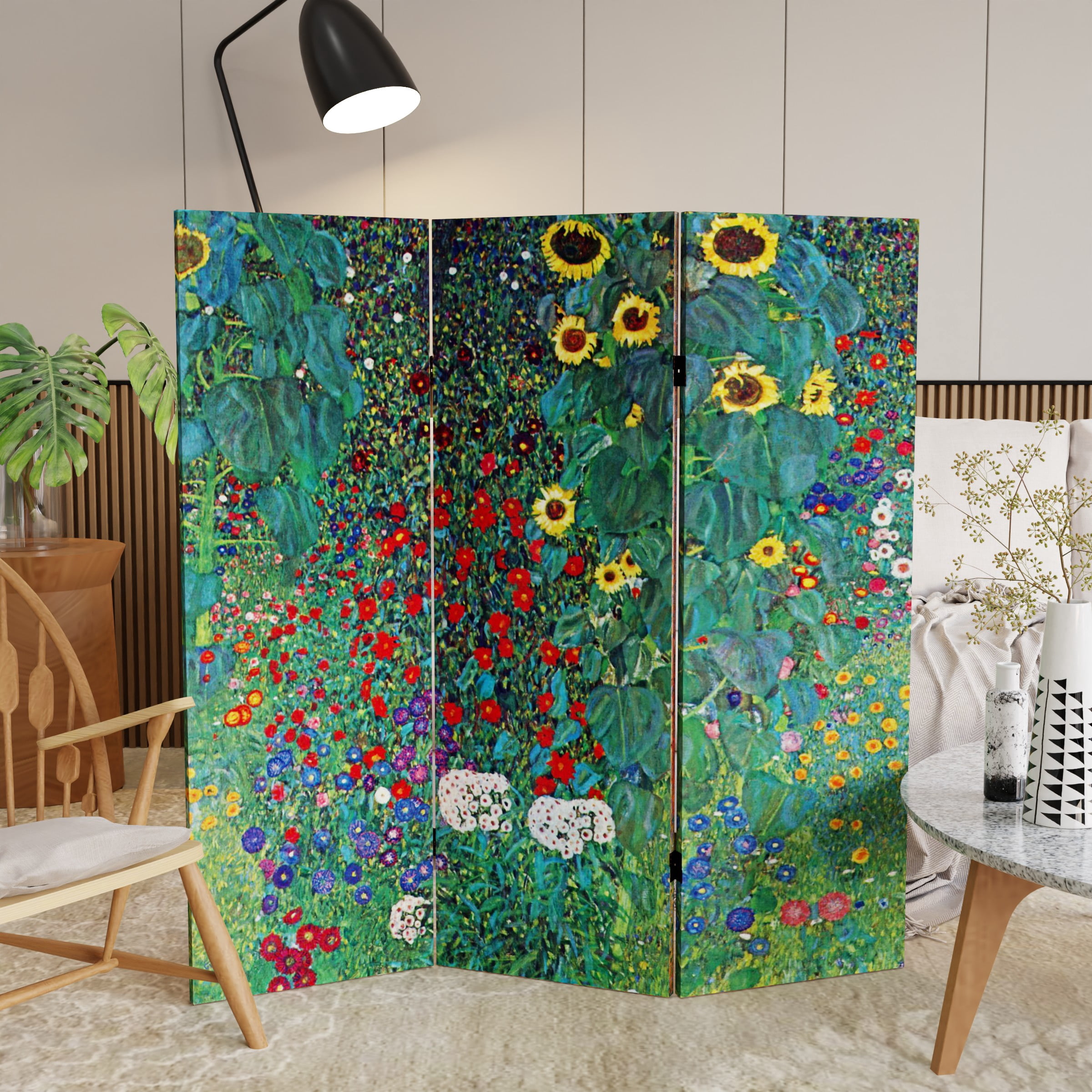 Red Lantern 4 ft. Short Klimt Canvas Folding Screen - Tannenwald/Farm Garden