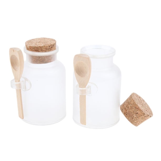2 frascos vacíos de plástico transparente para sales de baño con tapón de corcho 100 gramos