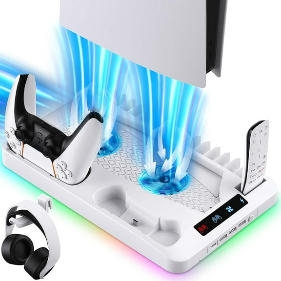Cooling Stand for Playstation 5 Console Disc/Digital Edition, Cooling Station w/Controller Charger, 16 Games&Media Remote Holders, RGB Led Lights,Vertical Gaming Base for PS5 Accessories White