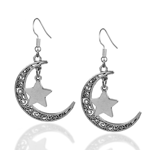 Besheek Silvertone Crescent Moon and Stars Boho Beach Gala Dangle Earrings