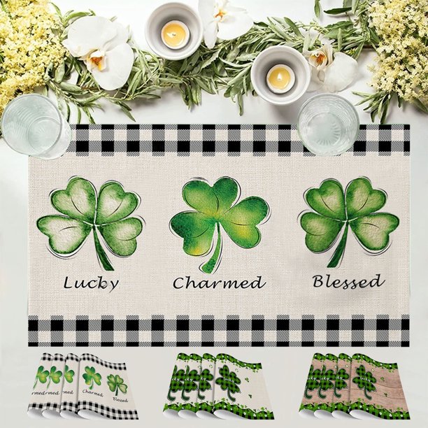 4 piezas de manteles individuales del día de San Patricio lino verde trébol de cuatro hojas alfombras de mesa impresas 33x48cm aislamiento térmico decoración de la fiesta navideña
