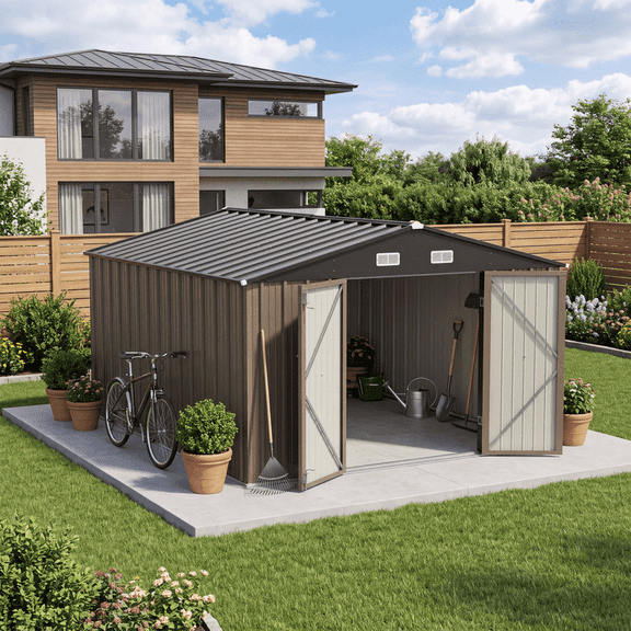 Vyrox 10x10 FT Metal Outdoor Storage Shed, Heavy Duty Steel Garden Tool Shed with Lockable Doors & Sloping Roof for Backyard, Patio, Lawn, Brown