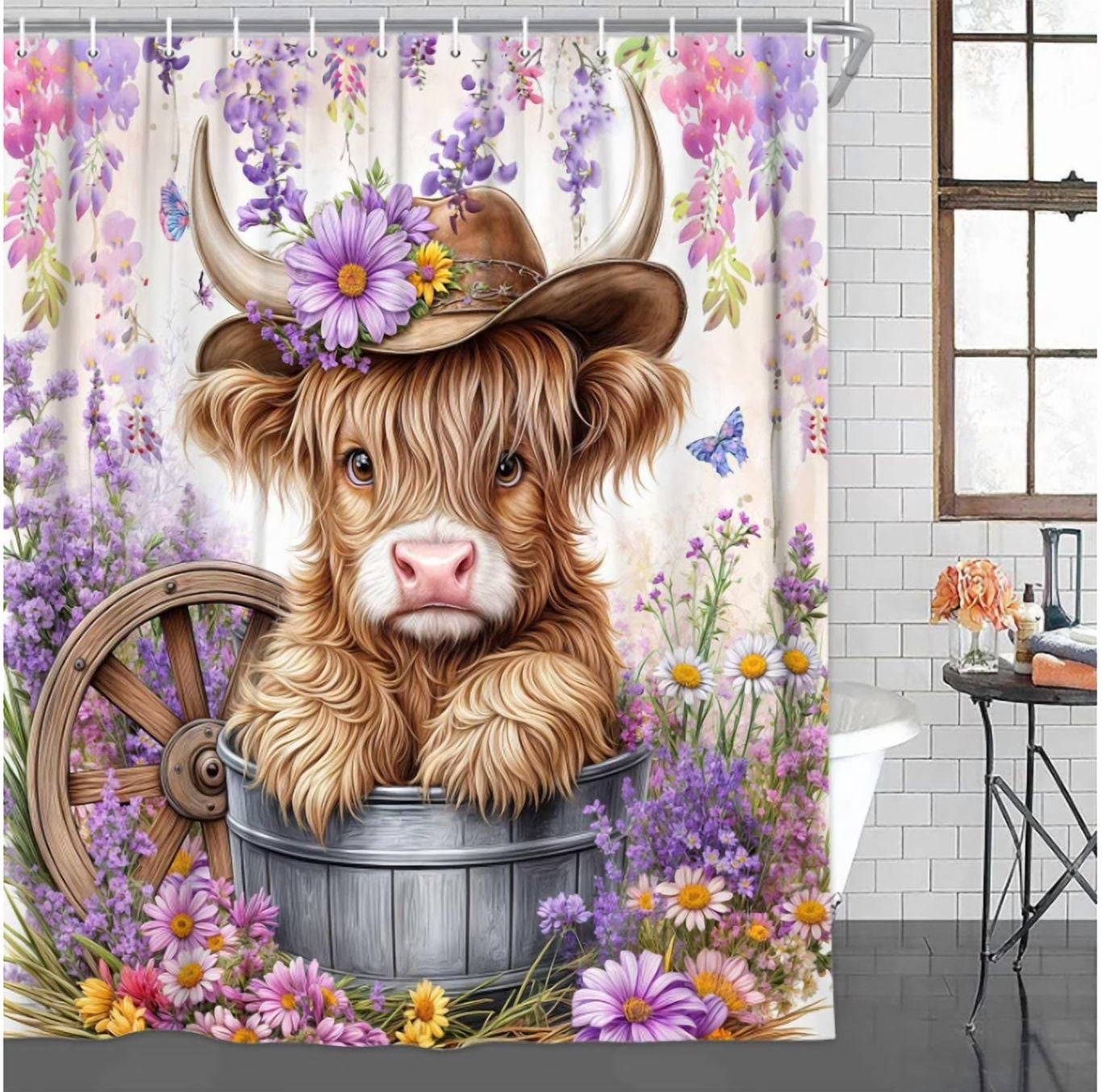 Farmhouse Highland Cow Shower Curtain, Purple Rustic Floral Highland Cow Bathroom Curtain Decor, Waterproof Western Country Funny Bull Bath Curtain with 12 Hooks,60X70