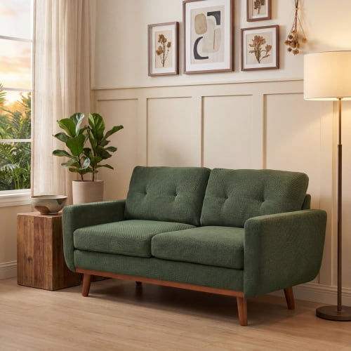 65" Modern Loveseat Sofa, Mid-Century 2-Seater Couch with Nubby Fabric and Solid Wood Legs, Small Space Sofa for Living Room, Apartment, Office, Dark Green