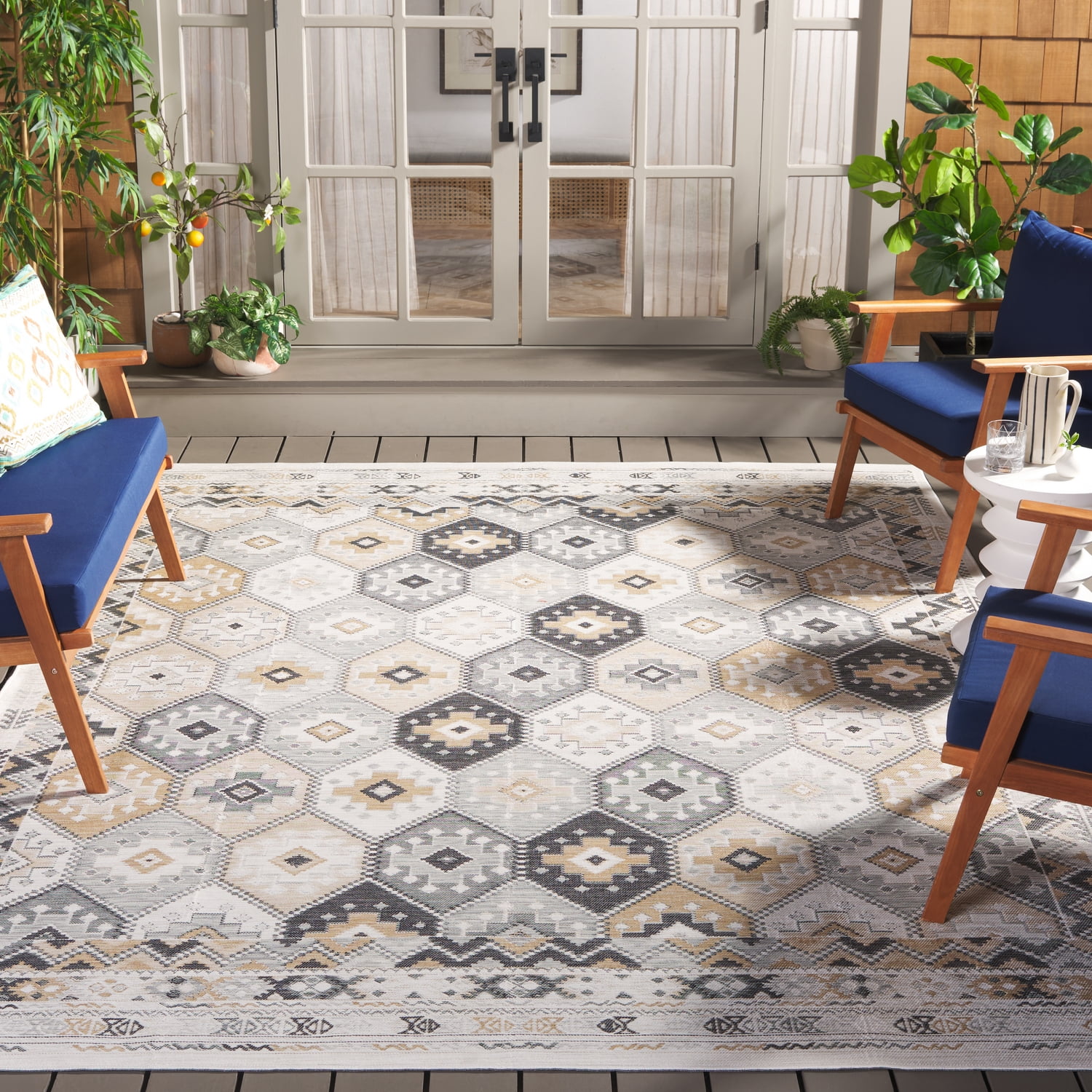 SAFAVIEH Sunrise Lara Geometric Reversible Indoor/Outdoor Area Rug, Ivory/Grey Black, 8' x 10'