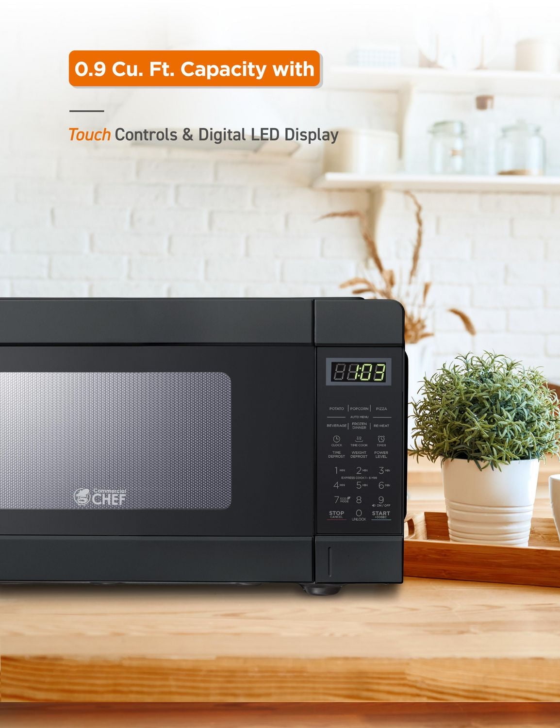 COMMERCIAL CHEF 0.9 Cu Ft Microwave with 10 Power Levels, Push Button and Child Lock, 900 Watt Microwave with Digital Controls, Countertop Microwave with Timer and Quick-Touch Menu, Black