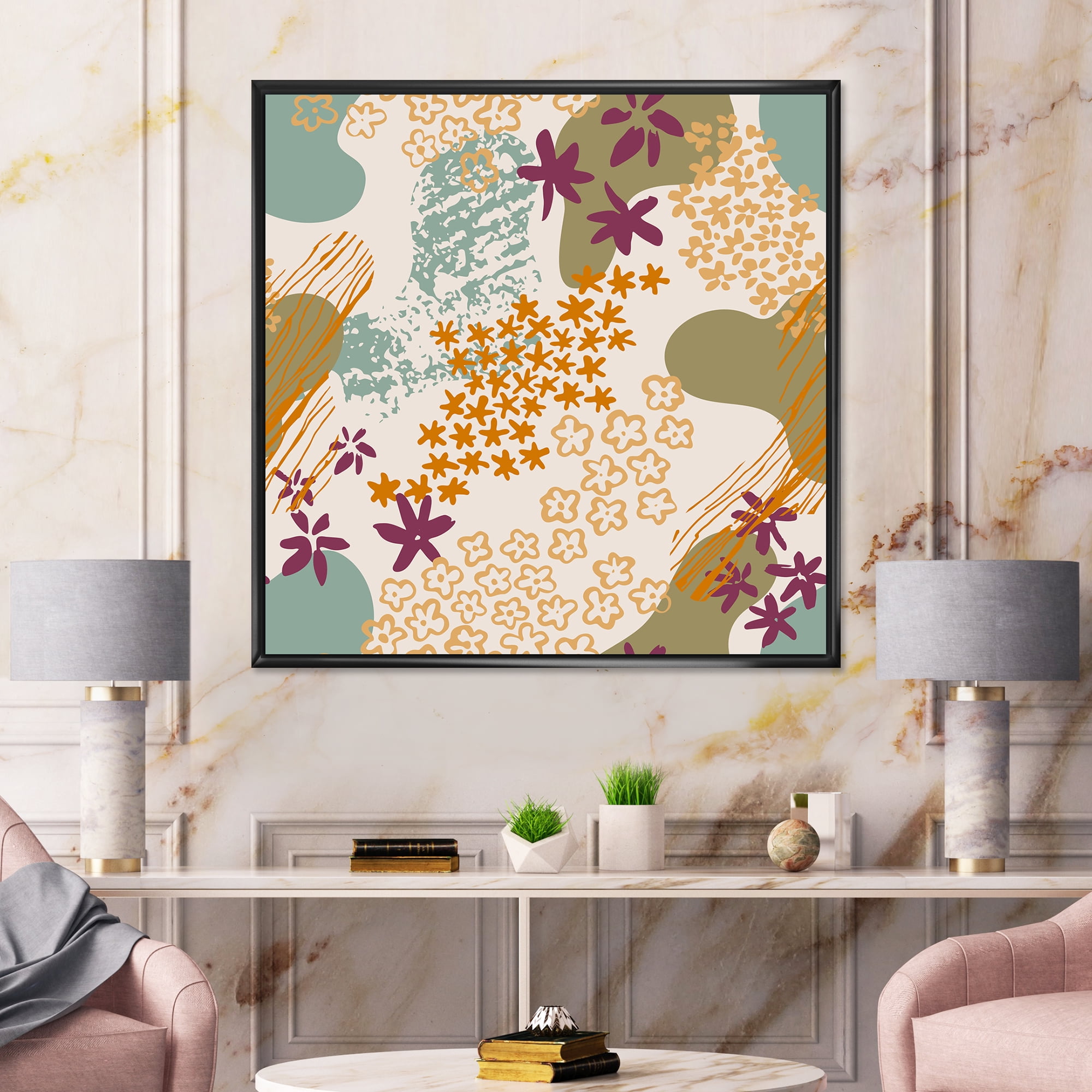 Designart 'Fluid Shapes and Flowers Silhouettes' Modern Framed Canvas Wall Art Print
