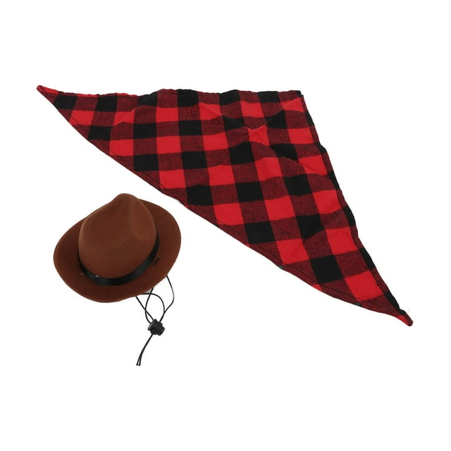 Pet Cowboy Costume Set, Cool Dog Cowboy Hat And Scarf Funny Multipurpose Beautiful With Scarf For Small Dogs For Role Play Brown+Red Grid