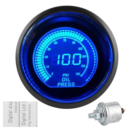 52mm Digital Oil Pressure Gauge 0-150 PSI – Universal EVO LED With Sensor, Blue/Red Backlit, Racing Style