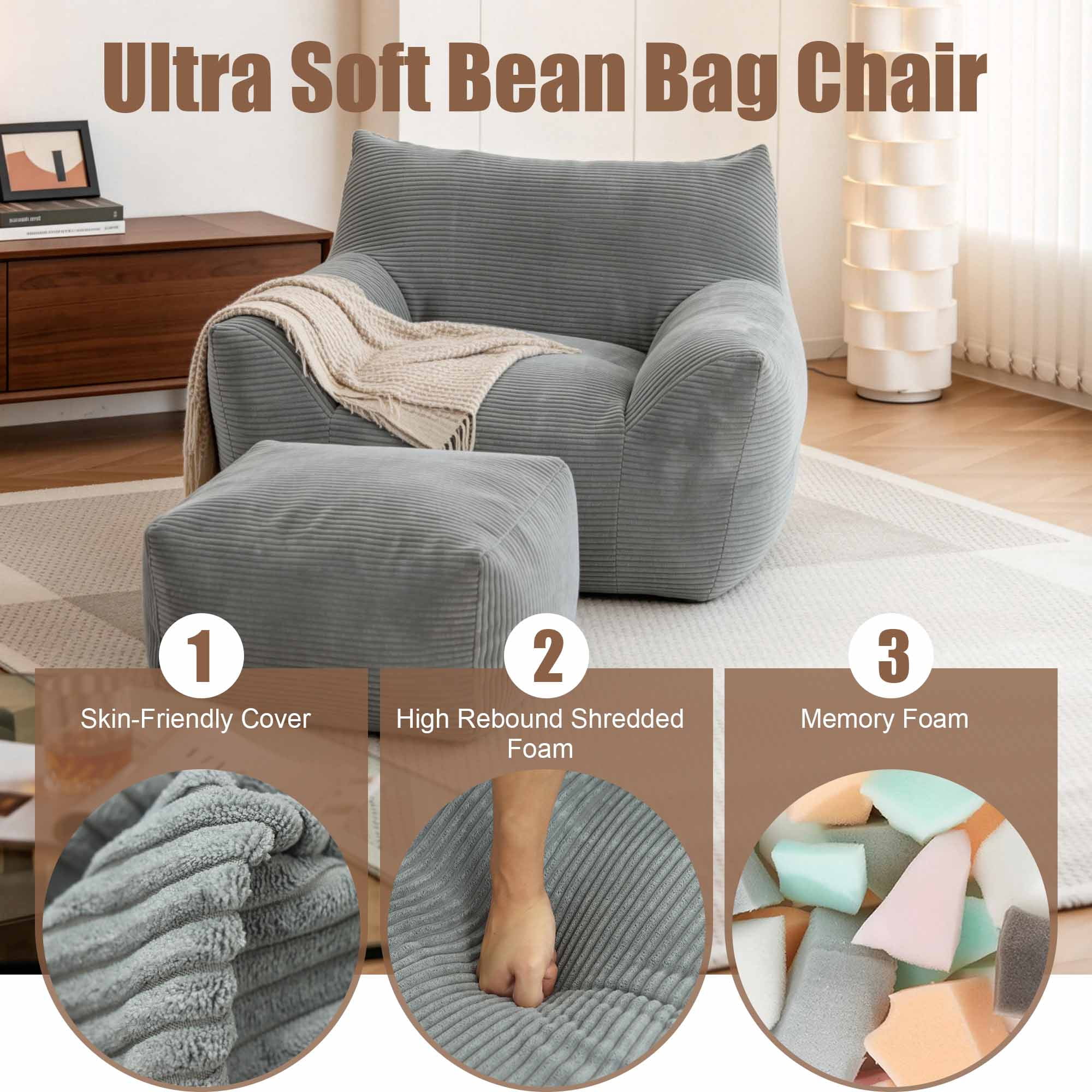 Lunale Oversized Bean Bag Chair with Ottoman, Boneless Lazy Sofa Chair for Bedroom, Living Room, Gray Corduroy