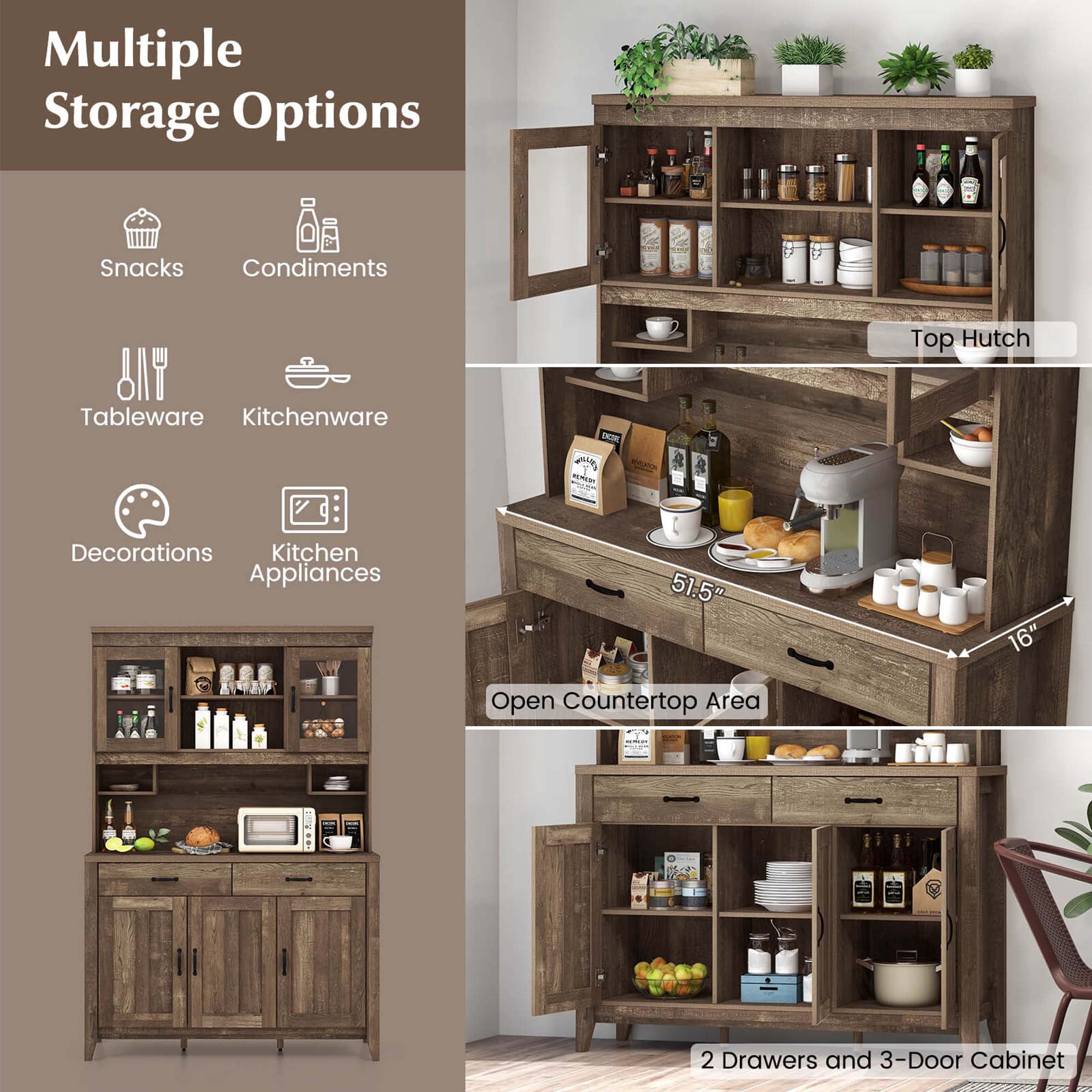 Costway Kitchen Pantry Cabinet with Microwave Countertop Double Glass Doors 2 Drawers