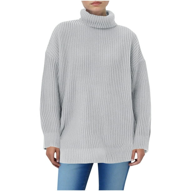 Suéter de cuello redondo para mujer, jersey de punto de color liso de manga larga y cuello alto, top para mujer