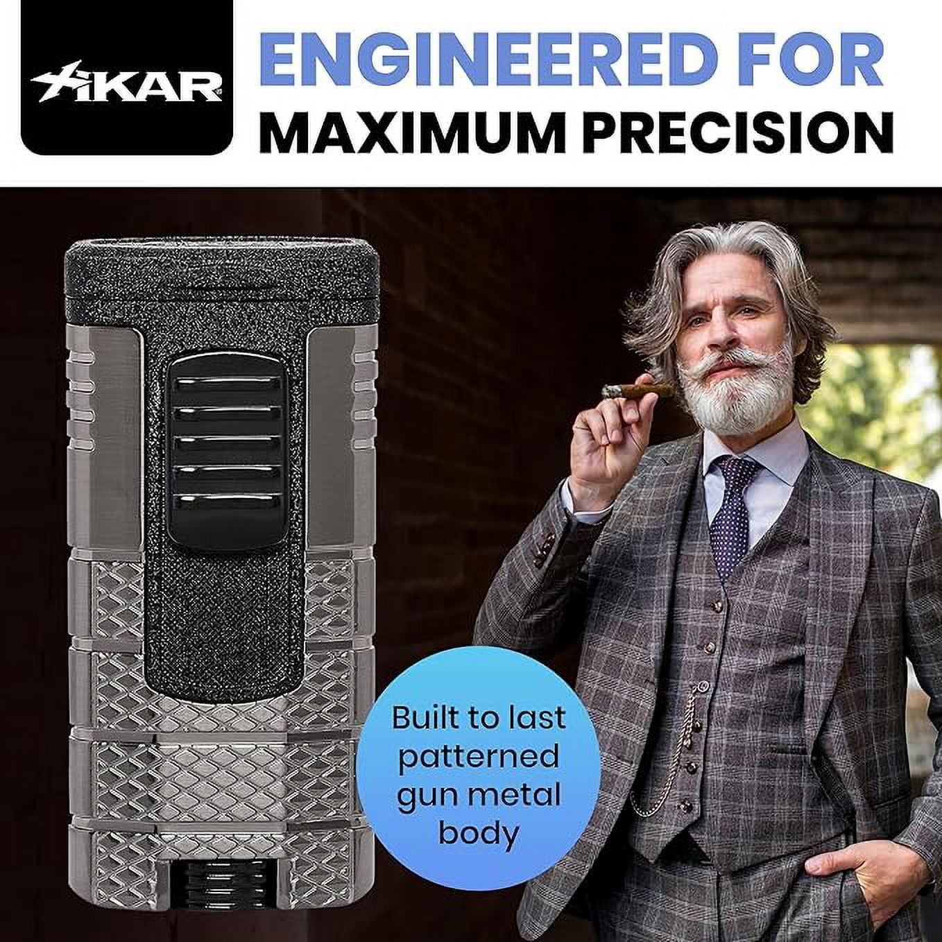 Xikar Tactical Triple Jet Flame Lighter, Ergonomic Metal Body, Gunmetal & Black