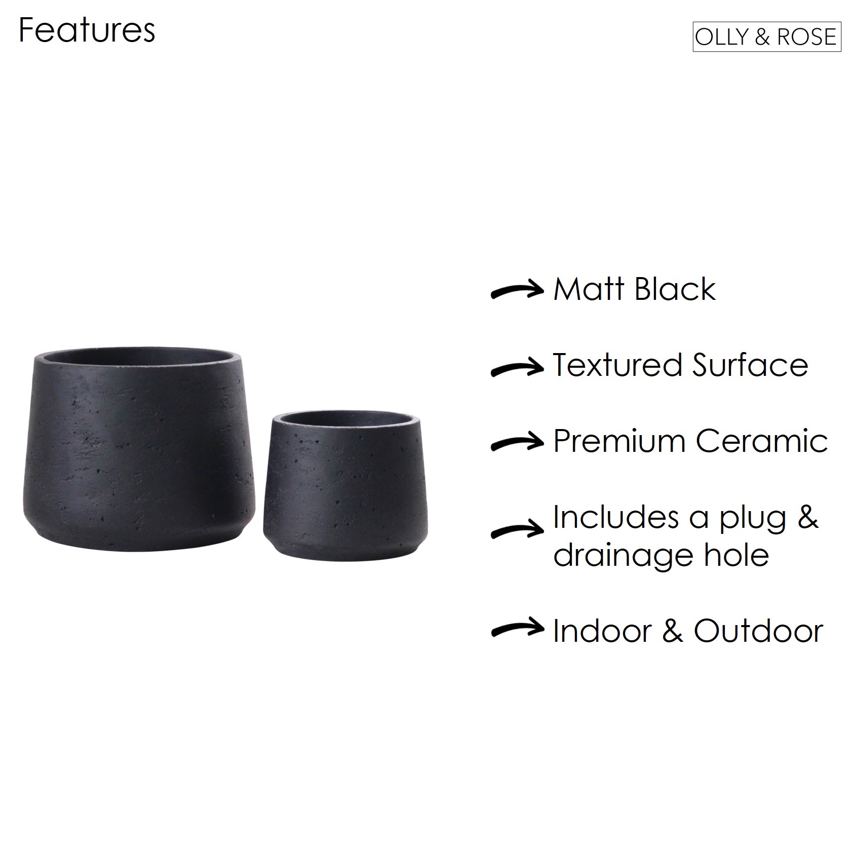 Olly & Rose Matt Black Ceramic Plant Pot Set of 2 - Indoor Outdoor Planters Textured Effect