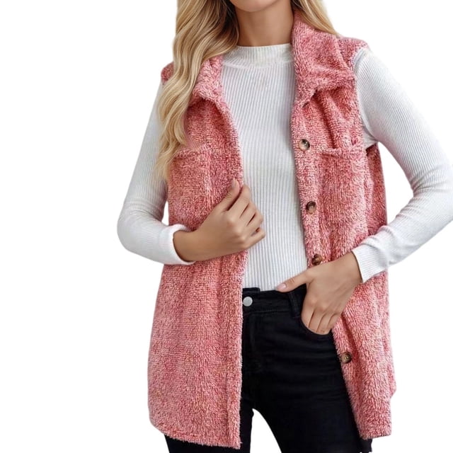 Gilet en Molleton pour Femmes, Gilet en Peluche à Manches Longues Double Face pour Femmes, Gilet Décontracté Chaud à Col en V pour Superposition en Automne et en Hiver