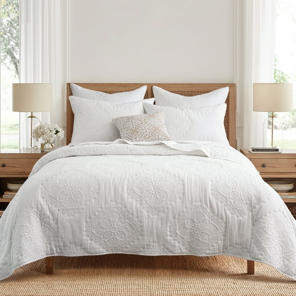 Levtex Home - Muslin Stitch Quilt Set - Full/Queen Quilt and Two Standard Shams - Stitched Medallion - White - Quilt (88x92in.) and Shams (20x26in.) - Reversible - Cotton