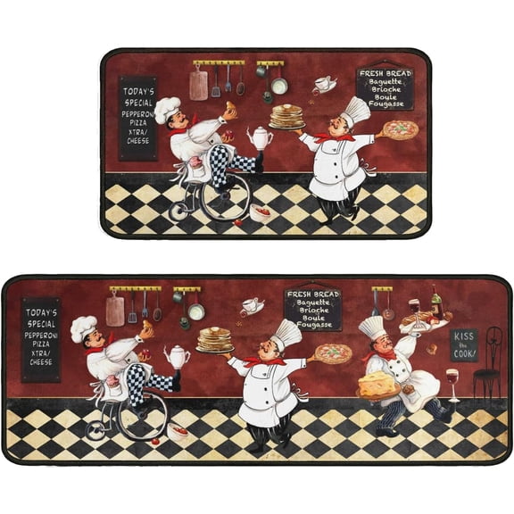 Chef Kitchen Rugs Set of 2, Non-Slip Washable Kitchen Mat, Italian Vintage Fat Chef Red Kitchen Decorative Rug for Kitchen Sink Front, 17x30 17x47in Red