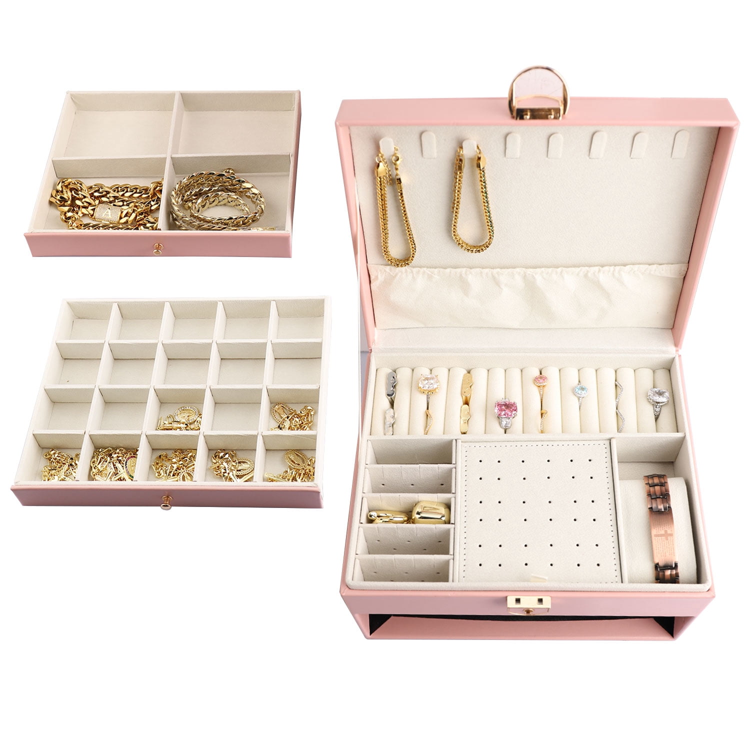 ASKITO 3 Layers Jewelry Box, Lockable Jewelry Holder Organizer with Drawer, Large Jewelry Boxes for Women Girls, Jewelry Holder for Necklace Earring Ring Bracelet Watch, Pink