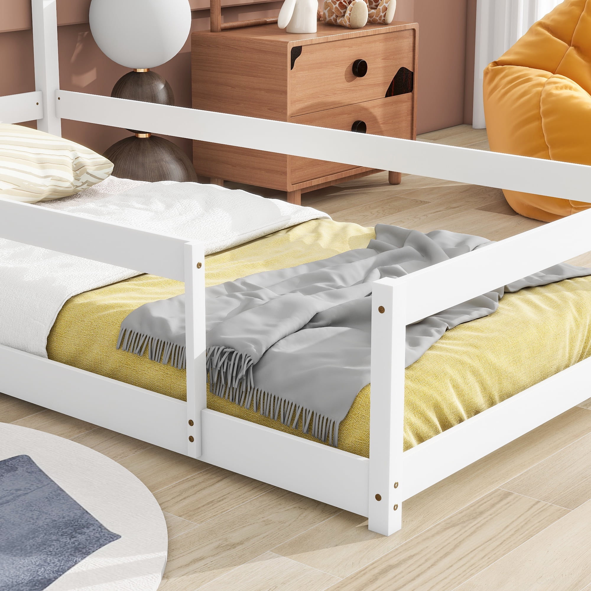 Euroco Wood Twin Size Daybed, House Floor Bed with Fence for Bedroom, White