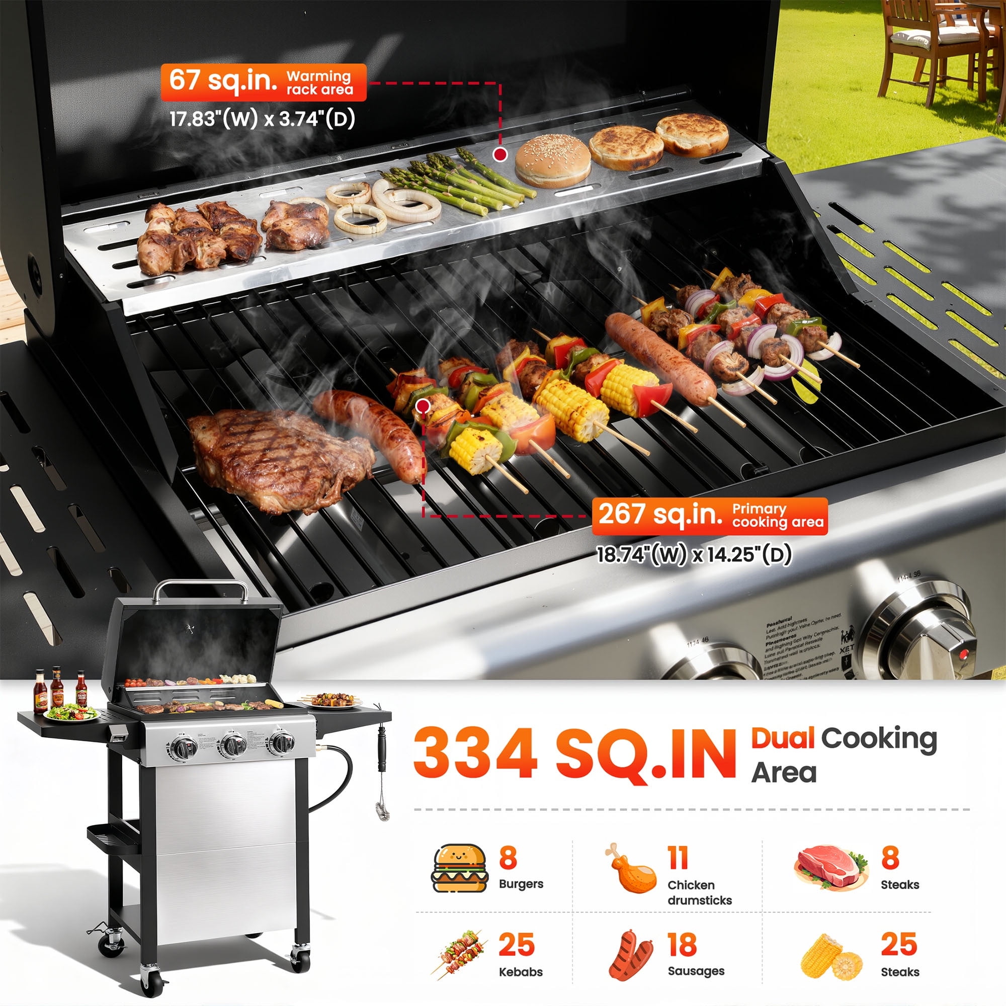 BBQ Grill, Seizeen 30,000 BTU 3-Burner Gas Grill Portable, Backyard Camping Propane Grill with  Daul Zone, Foldable Table, Hanging Basket, Steel Brush, Universal Wheels