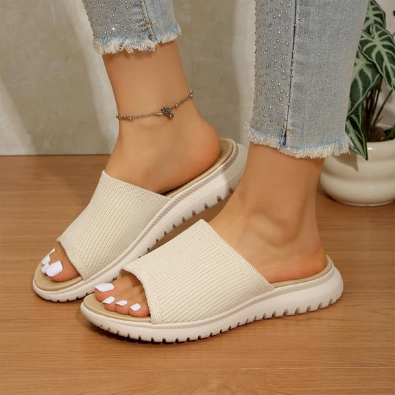 Xucatan Women's Knit Slide Sandals, Fish Mouth Open Toe Slippers with Thick EVA Sole, Stretchy Elastic Strap Casual Summer Shoes, Versatile Solid Color Design for Beach Outdoor Gift