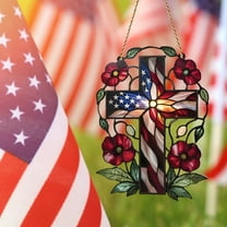 Celebrating 250 Years Early - Patriotic Suncatcher Ornaments 4 of July Decor, Acrylic American Flag Cross Patriotic Suncatcher with Poppy Flowers, 4th of July Stained Glass Suncatchers Style A