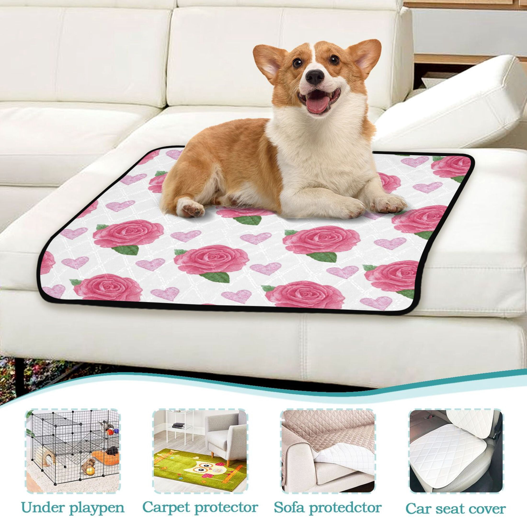 Washable Pet Pee Pads Soft Plush Absorbent Mat Non-Slip Floor Protector for for Dogs & Cats Pink Roses and Red Hearts