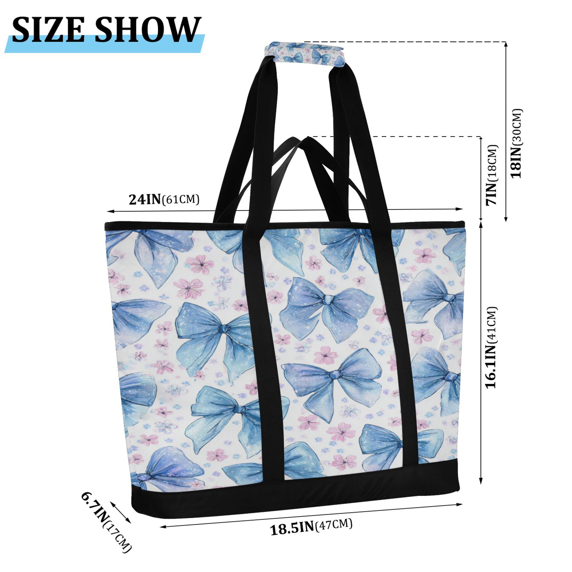 Extra-Large Wide Opening Design Capacity Hand-Held Ice Pack Thickened Insulation Layer For Long-Lasting Cold Retention For Outdoor Shopping Picnics And Camping Cute Light Blue Bows Pattern