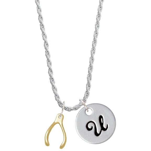 Delight Jewelry Goldtone Wishbone Silvertone Script Initial Disc - U - Charm Necklace, 20"+3"