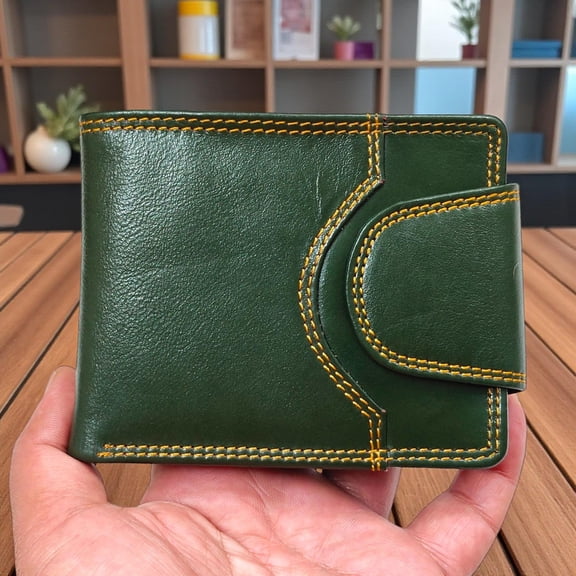 Green Leather Wallet for Men, enabled with RFID and bifold
