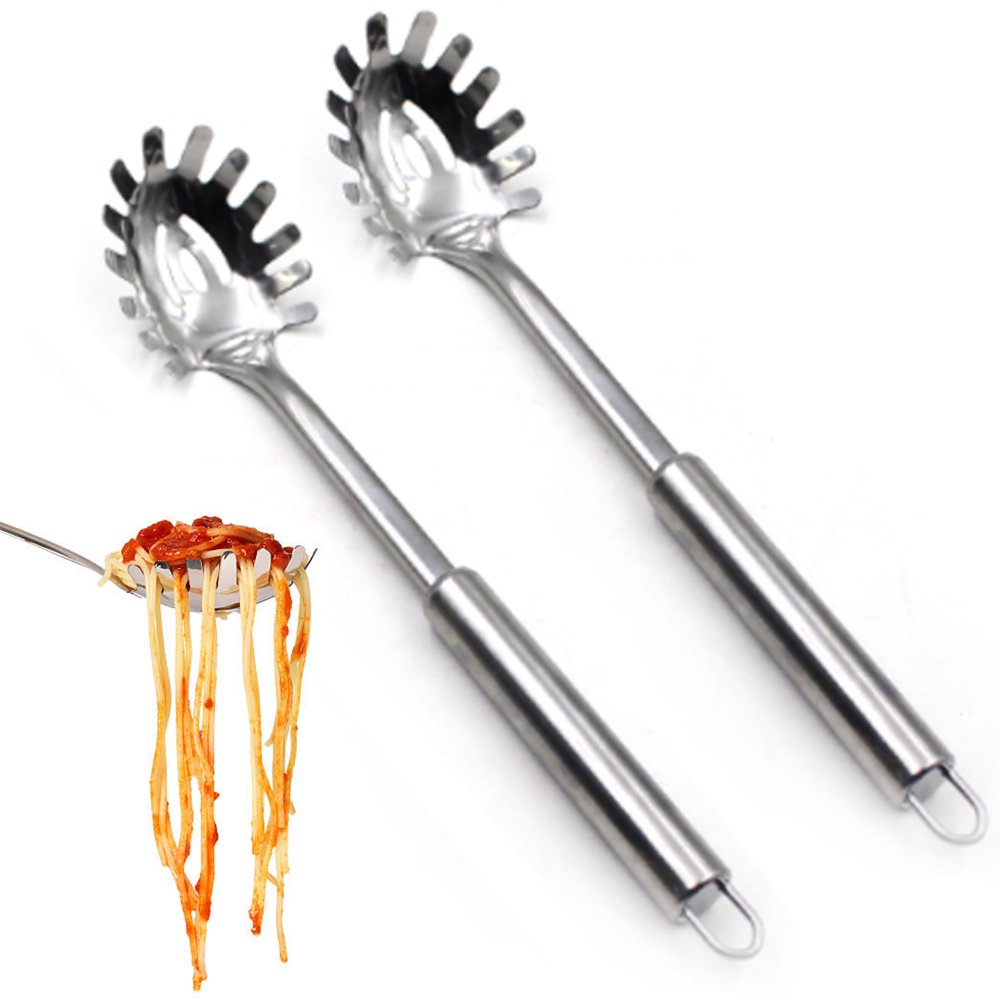 2x Stainless Steel Pasta Server Spaghetti Spoon Fork Kitchen Utensil