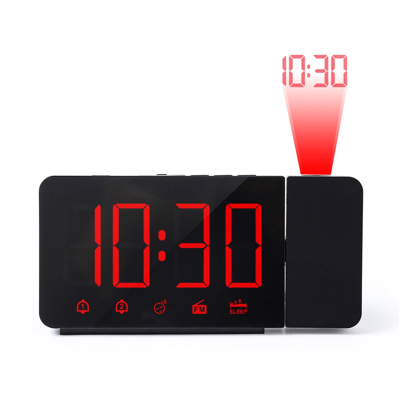 180° Projector Dual Alarms Clock with Snooze Blue Light Projection Alarm Clock with FM Radio 0-100% Dimmer 5 Alarm Sounds with Sleep Timer 12/24H Setting for Bedroom, USB Charger Ports 