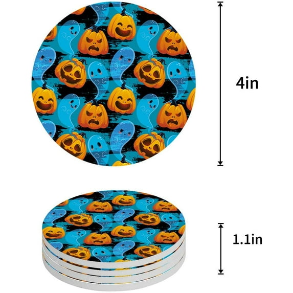 FMSHPON Halloween Pumpkin Set of 6 Round Coaster for Drinks, Absorbent Ceramic Stone Coasters Cup Mat with Cork Base for Home Kitchen Room Coffee Table Bar Decor