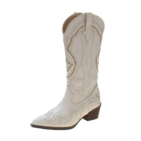DVKOVI Womens Professional Shoes Cowgirl Boots Mid Calf Women s Western Cowboy Boots Embroidered Boots Vintage Mid Calf Square Toe Riding Boots Booties for Women Low Heel Beige 39