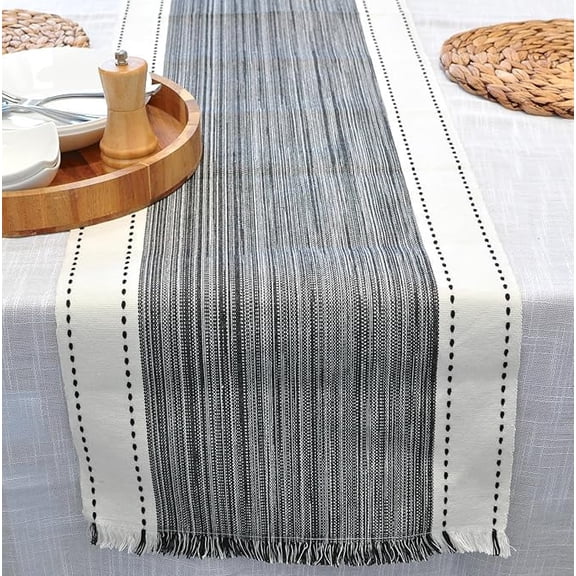 Striped Table Runner with Fringe Cotton Woven Dash Rustic Farmhouse Cloth Dining Table Runner for Kitchen Buffet Table Boho Dresser Scarf Washable Chambray Textured Black / off White 14"x72"
