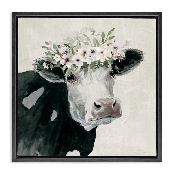 Stupell Industries Rustic Lodge Gazing Cow with Florals Black Floating Frame Canvas Art, 18 x 18, by Carol Robinson